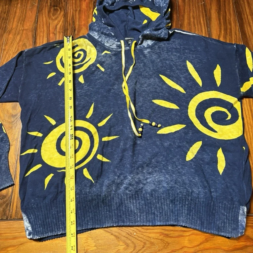 Minnie Rose Celestial Sun Blue Yellow Burnout Hoodie Cashmere Blend M Baja Boho